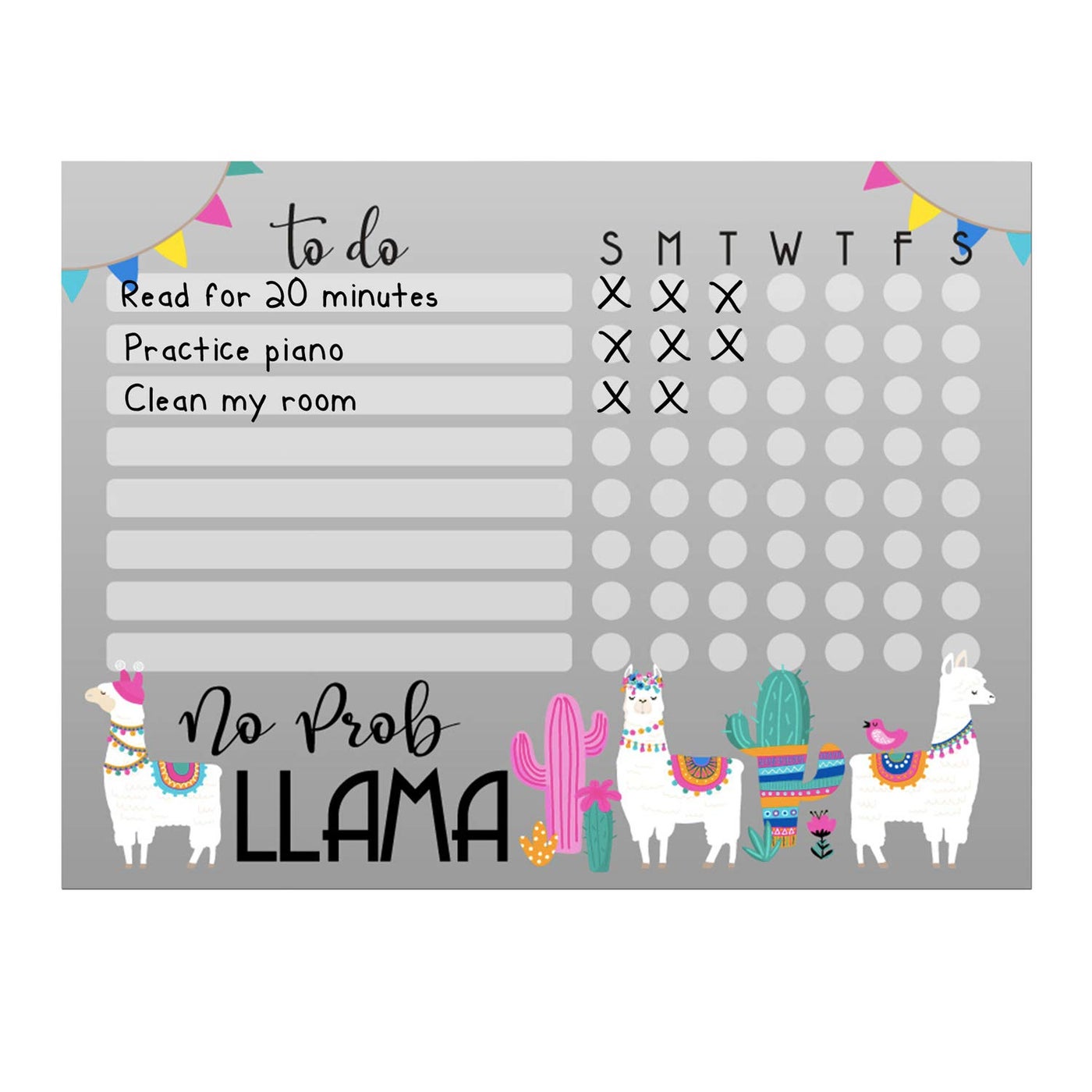 Kid’s Dry Erase Whiteboard Chore Chart | Removeable and Restickable Adhesive Decal | Fine-Tip Magnetic Marker Included | 9†x 12†(Llama)